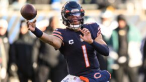 Dec 18, 2022; Chicago, Illinois, USA; Chicago Bears quarterback Justin Fields (1) passes the ball in the third quarter against the Philadelphia Eagles at Soldier Field. Mandatory Credit: Daniel Bartel-USA TODAY Sports
